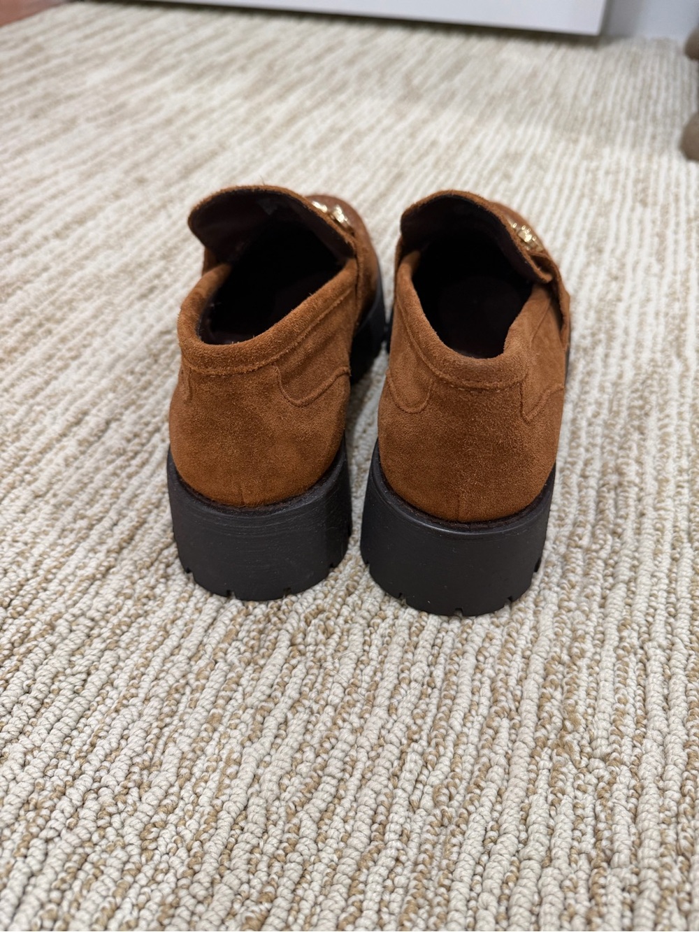 Women's Brown Suede Lug Sole Loafers with Gold Accent - Picture 3 of 3